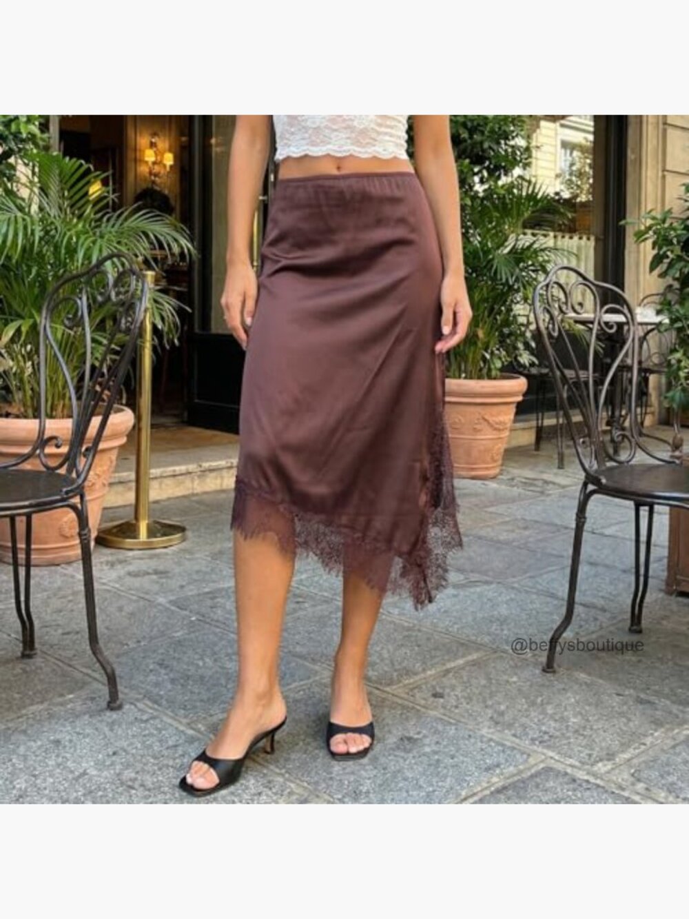 Lace Trim Satin Maxi Skirt with Side Slit Flowy Asymmetric Y2k Streetwear - Picture 5 of 6